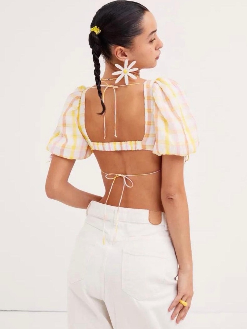 NWT For Love & Lemons ‘Rue’ Puff Sleeve Crop Top in Yellow & White Plaid Size S - Picture 2 of 16